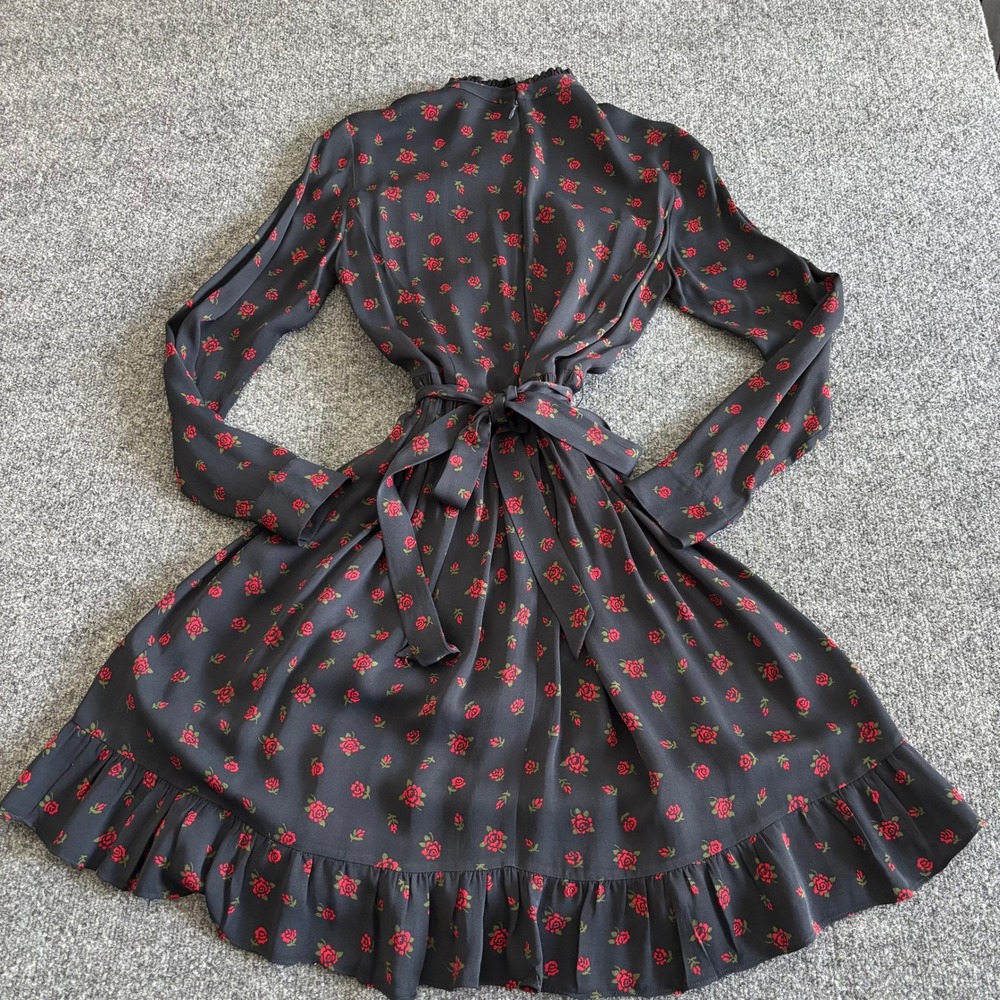 Brooks Brothers Red Black Rose Floral Ruffle Dress Size 2 Long Sleeve